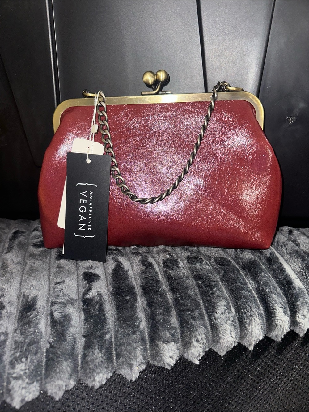 Vegan Red Leather- Like KissLock Clasp Crossbody Bag